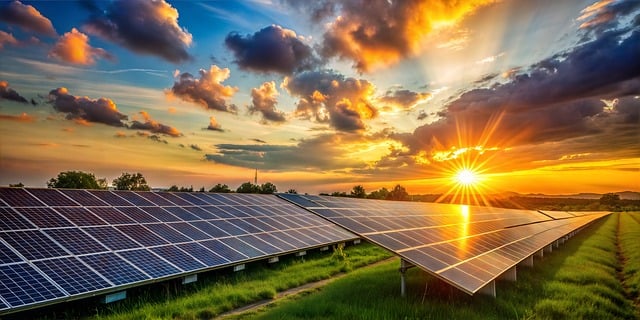 Panneau solaire posés sur de l'herbe verte éclairés par un coucher de soleil dans un ciel nuageux dans la page Bienvenue