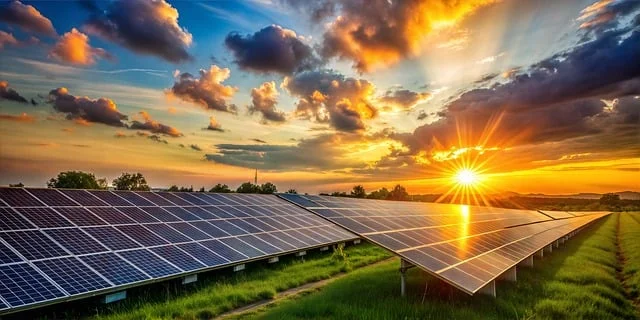 Panneau solaire posés sur de l'herbe verte éclairés par un coucher de soleil dans un ciel nuageux dans la page Bienvenue