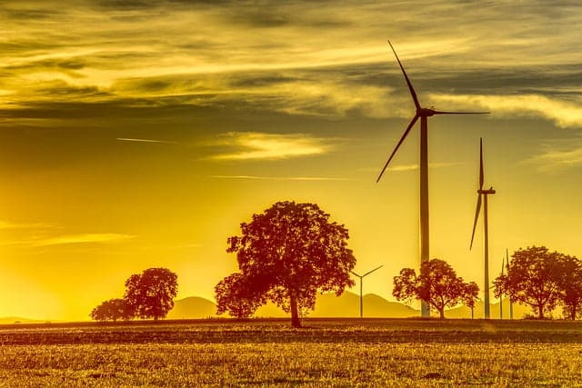 des éoliennes dans une photo ou la couleur jaune du ciel nuageux recouvre également le sol dans la page Bienvenue