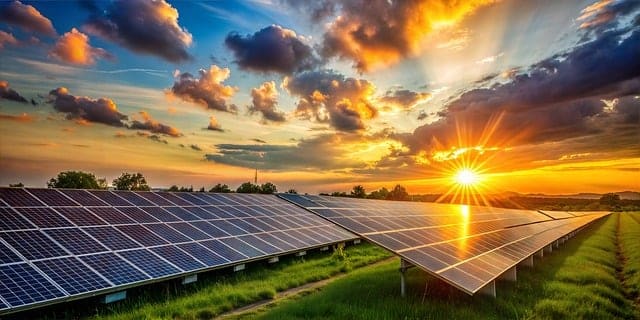 page Aides centrale photovoltaïque avec des panneaux solaire en ligne installés dans un champ vert. le soleil rayonne par sa lumière et fait briller les premiers panneaux