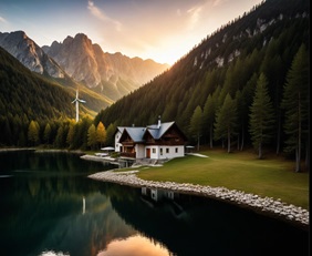 paysage montagneux pres d'un lac avec un chalet et une éolienne en arrière plan, dans la page A propos