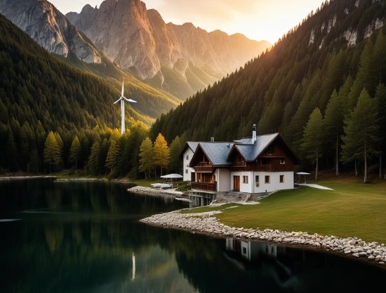 photo pour la sobriété énergétique représentant un chalet pres d'un lac de montagne avec une éoliennes en arrière de l'image