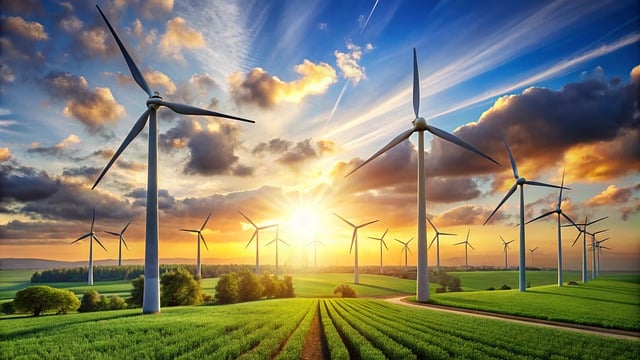 Image d'éoliennes dans une prairie verte avec un soleil couchant qui illumine le ciel et la terre à travers des nuages, dans la page Solaire, éolienne.