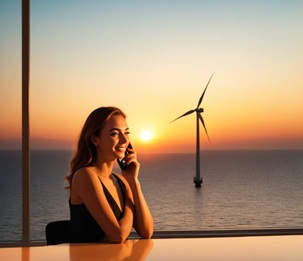 Une femme téléphone dans un bureau avec une baie vitrée d'où une éolienne installée sur la mer est éclairée par un soleil couchant.