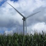 Wind turbine in a cornfield in Tournai, Belgium, with dramatic cloudy sky.