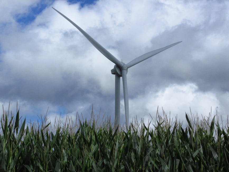Wind turbine in a cornfield in Tournai, Belgium, with dramatic cloudy sky.