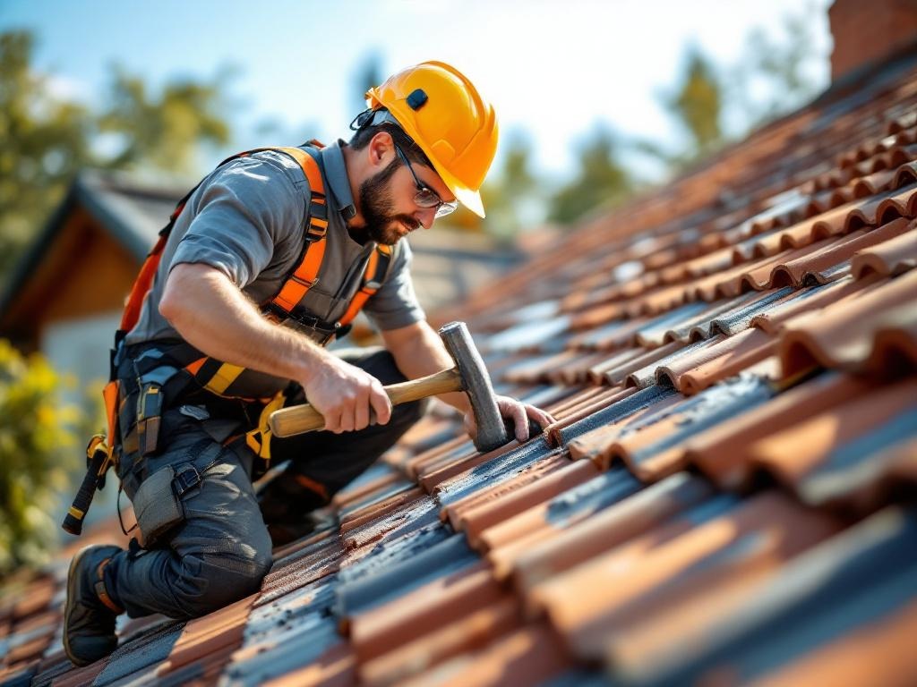 Artisan couvreur zingueur sur le toit d(une maison. dans la page rénovation