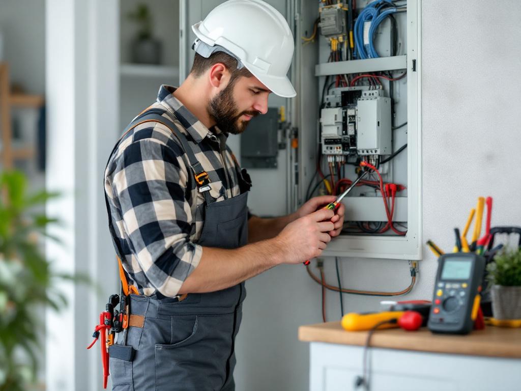 électricien travaillant sur un tableau électrique. dans la page rénovation