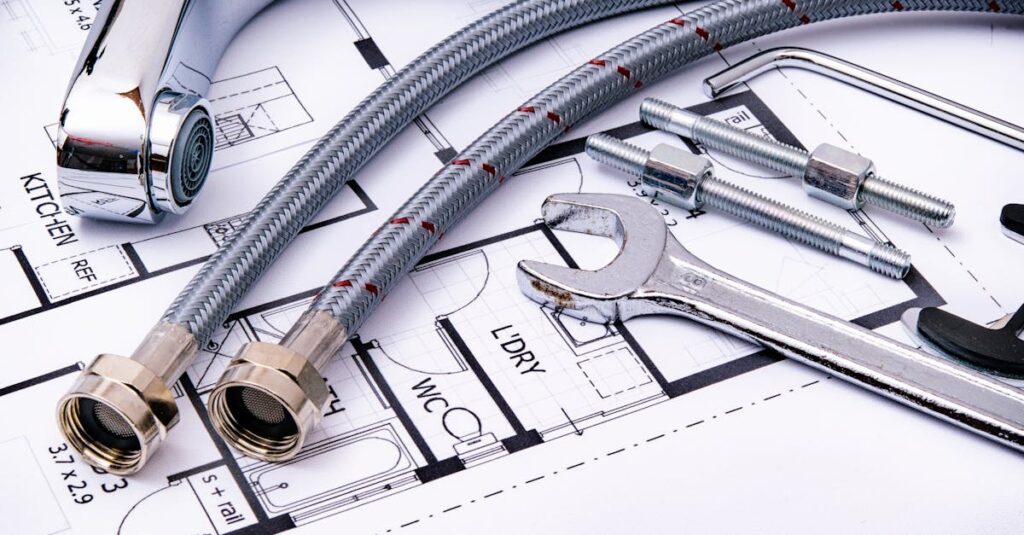 Close-up of plumbing tools and faucet on top of an architectural blueprint, perfect for hardware and construction themes. dans la page rénovation